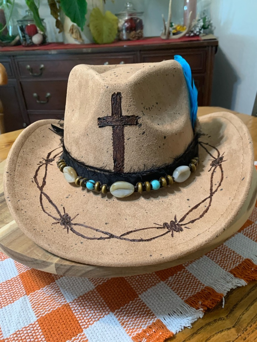 Tan Suede Western Fedora with Bead & Feather Accents